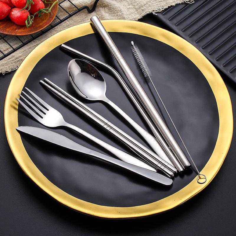 Portable Stainless Steel Steak Knife And Fork Chopsticks Spoon Straw