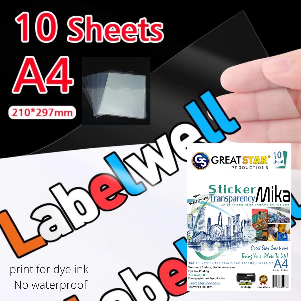 STICKER TRANSPARANT MIKA/STICKER PET FILM For DYE INK or  inkjet A4/10 LEMBAR