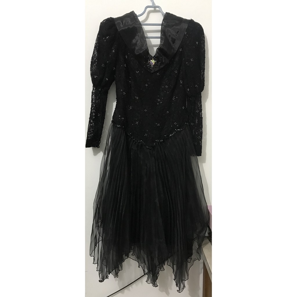 Preloved Party Dress Hitam Black Payet Tabur Furing & Brokat Chiffon Plisket