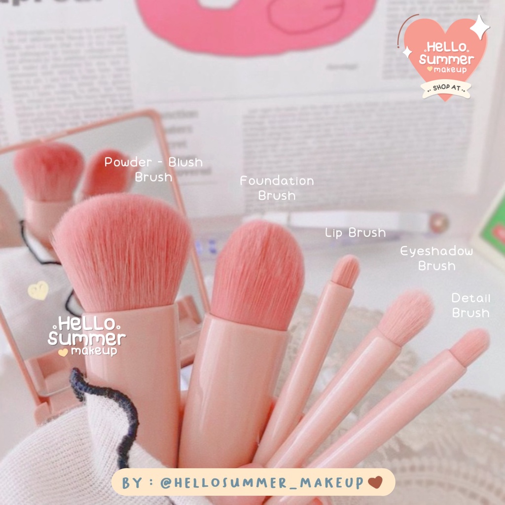 𝐌𝐀𝐊𝐄𝐔𝐏 𝐁𝐑𝐔𝐒𝐇 𝐒𝐄𝐓 - Choco Nude Portable Brush Set 5pcs dengan Box Pink Dengan Kaca High Quality Brush