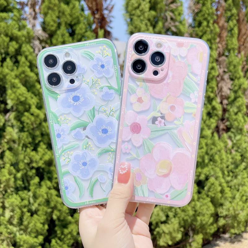 Pink &amp; Blue Beautiful Flowers Soft Case HP iP iPhone 11 12 13 Pro Max Mini 6 6S 7 8 + Plus SE 2020 X XR XS Max Fashion Clear Casing Apple