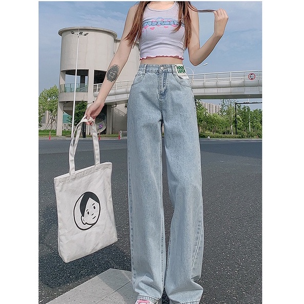 Good Luck Highwaist Straight Loose Celana Jeans Panjang Wanita/Korean Kasual Jeans Wanita