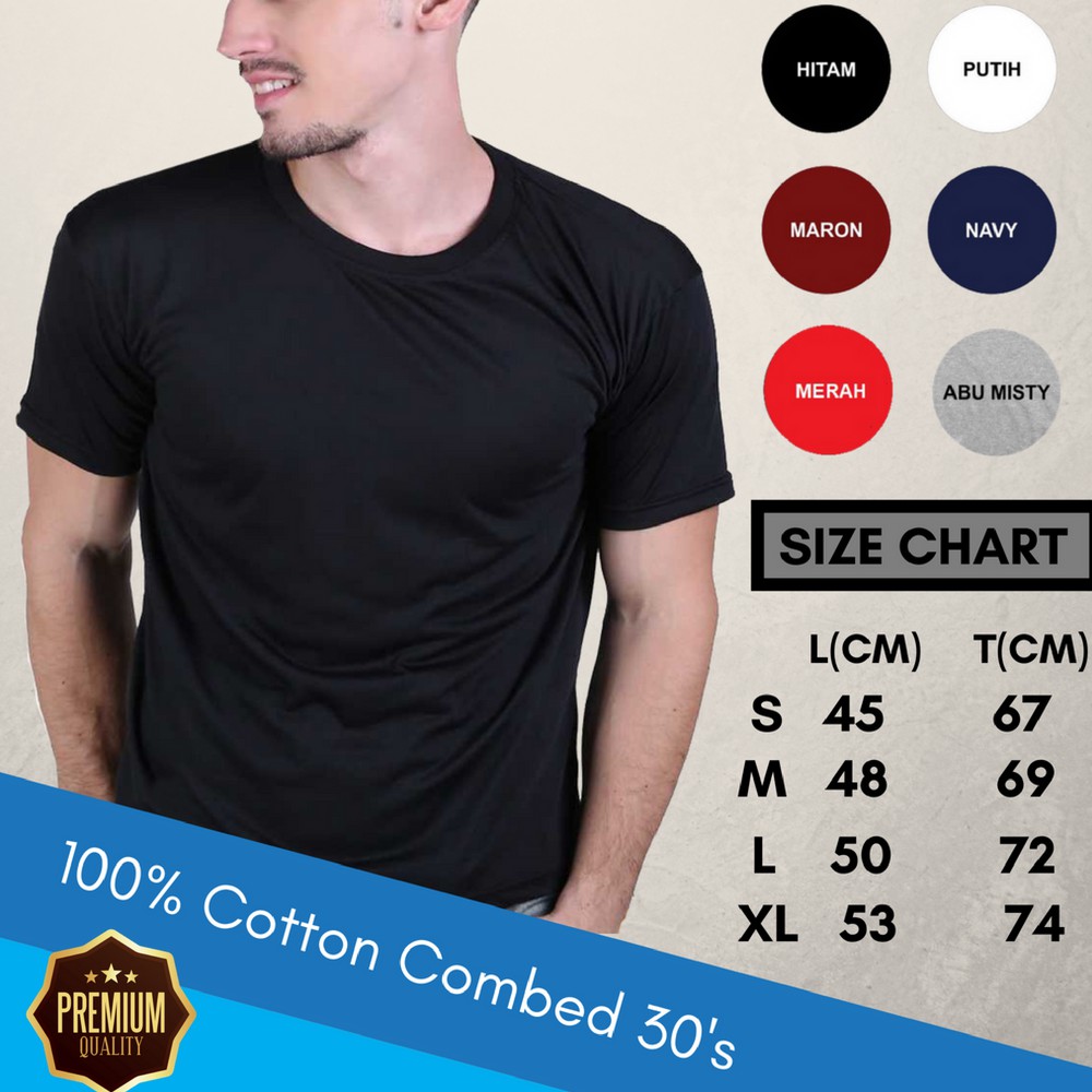  Kaos  Polos  Hitam  Cotton Combed  30s Premium Size S M L 