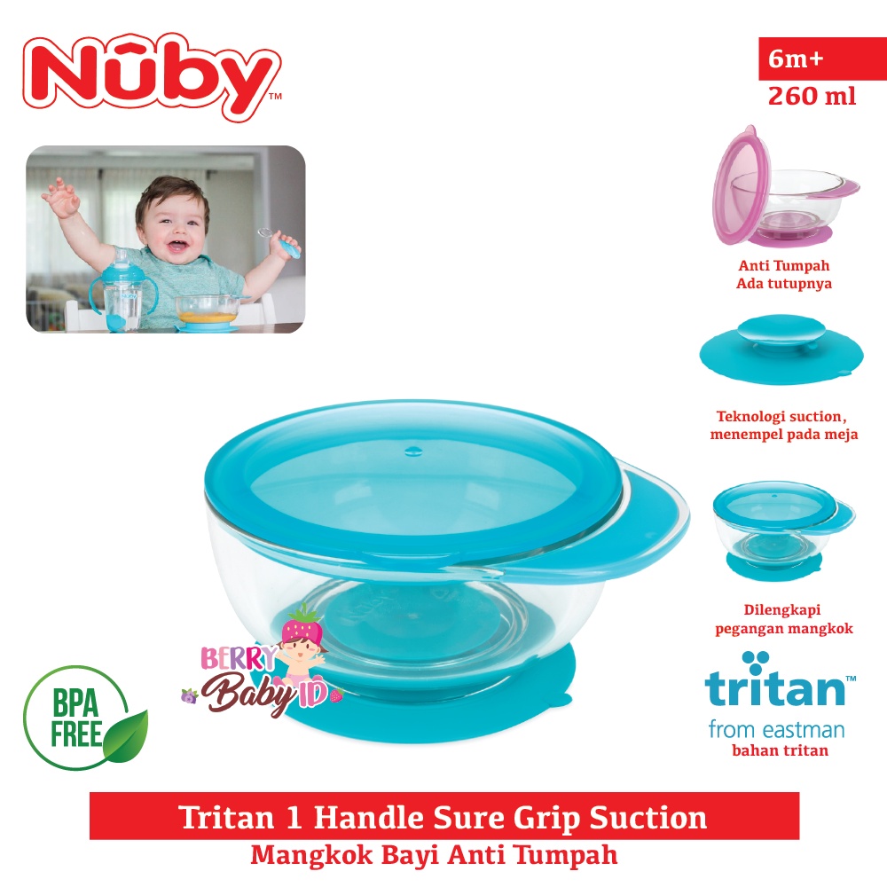 Nuby Tritan Sure Grip Suction Bowl One Handle Mangkok Makan Bayi 6m+ Berry Mart