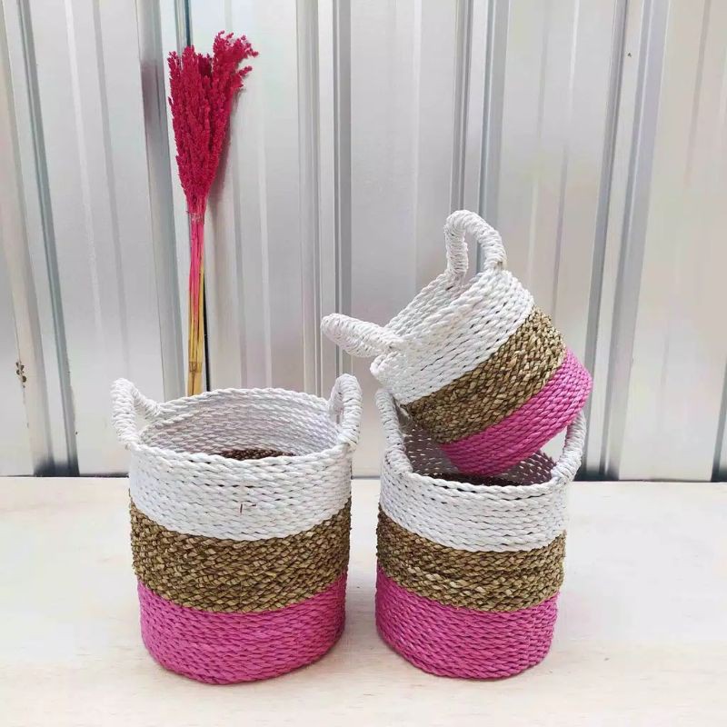 HIASAN KERANJANG ANYAM KUPING-COVER VAS KUPING-COVER POT ANYAM ISI 3 PCS  SEAGRASS BASKET