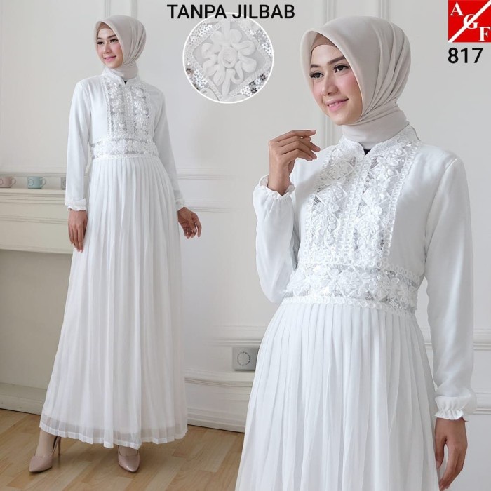 Gamis wanita AGNES Gamis Putih Wanita Plisket Brukat Baju Muslim Murah Terbaru 817 - XL putih dewasa