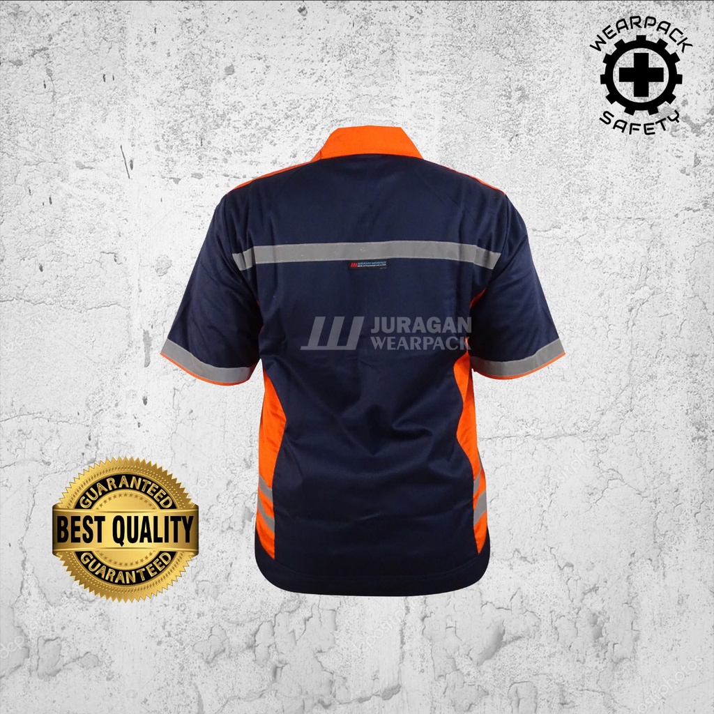 Wearpack Kerja / Baju Wearpack Safety Lengan Pendek Warna Orange Kombinasi Biru Navy