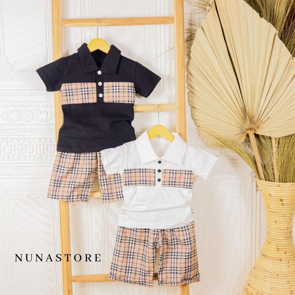 Nuna Store Setelan Kemeja bayi dan anak cowo/laki-laki usia 0 Bulan - 3 tahun Motif Kemeja Burberry