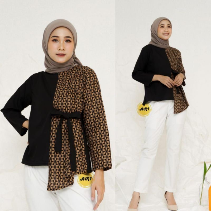 tey-17 Batik wanita ASJ SA HRB026 Kenongo Kemeja Tosca Pendek-Bunga hitam