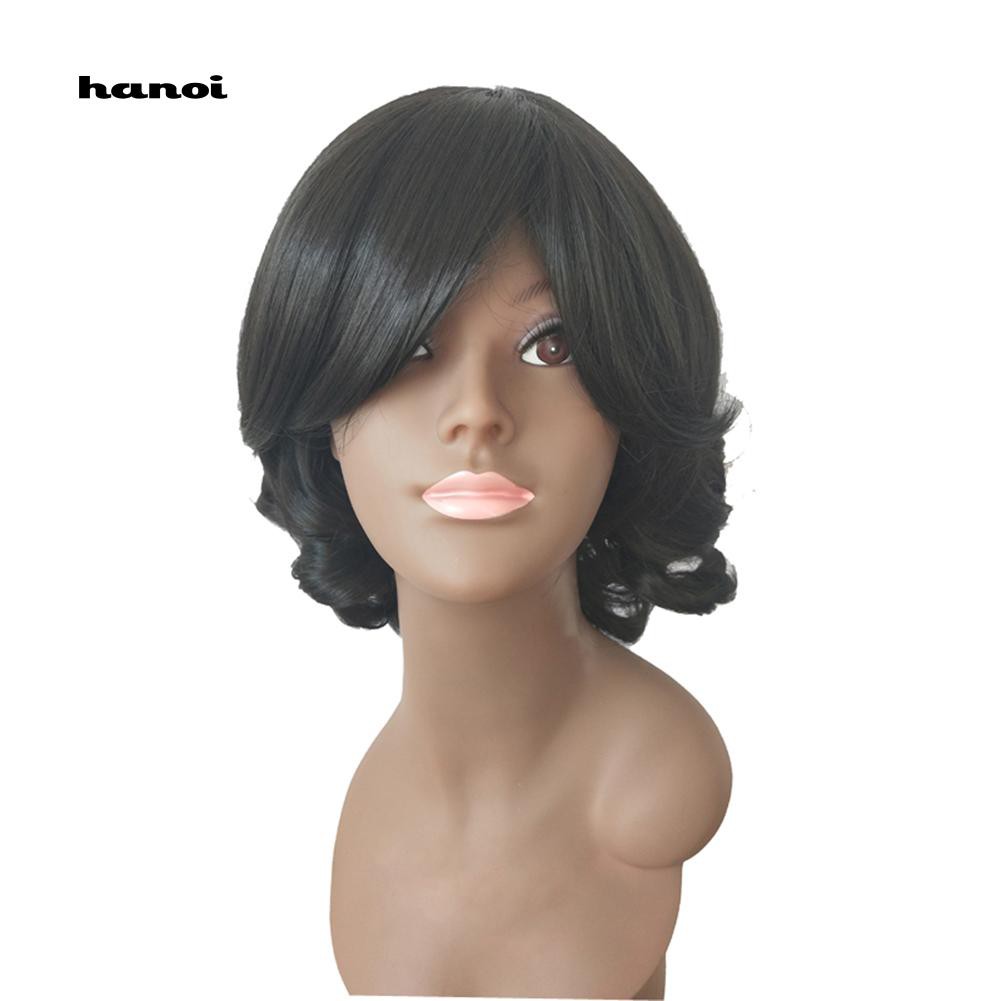 Hn Women S Sideswept Bangs Curly Black Hair Cosplay Party Short