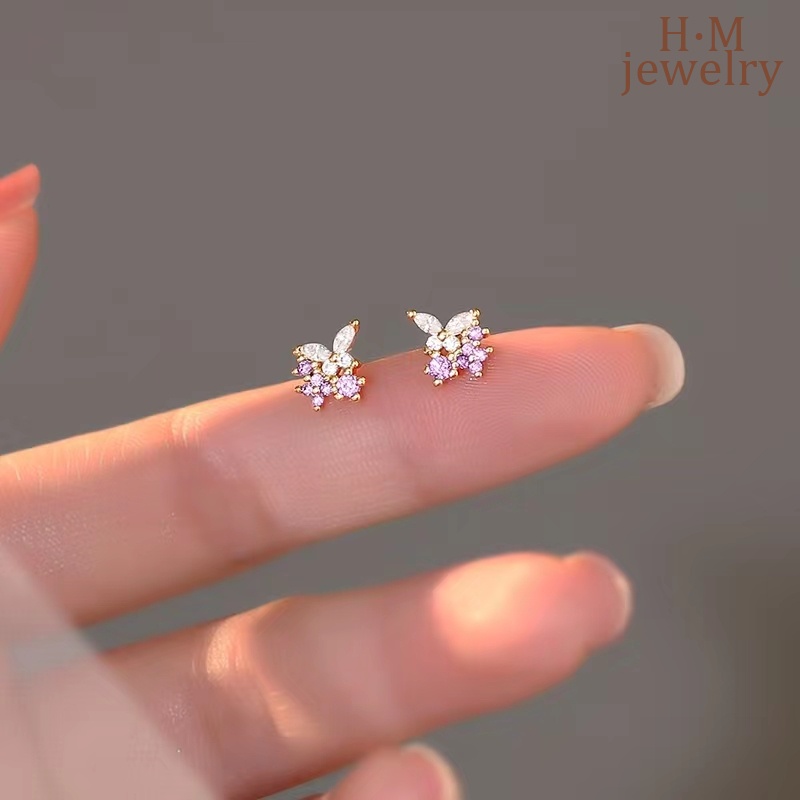 Anting Stud Desain Bunga Kupu-Kupu Warna Ungu Ukuran Kecil