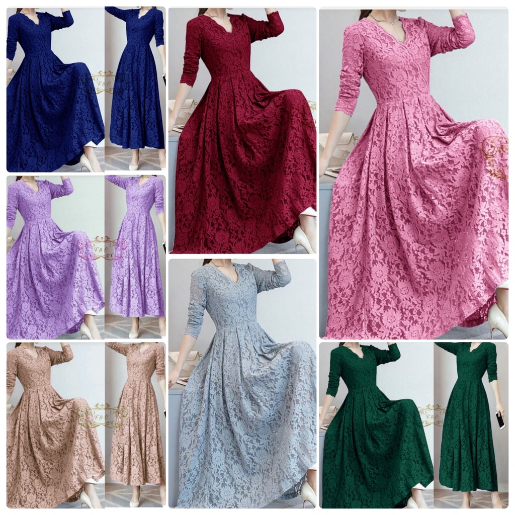 2 UKURAN L XL DRESS PESTA CASSIE FASHION PAKAIAN WANITA GAMIS MAXY BAHAN BRUKAT FEHM