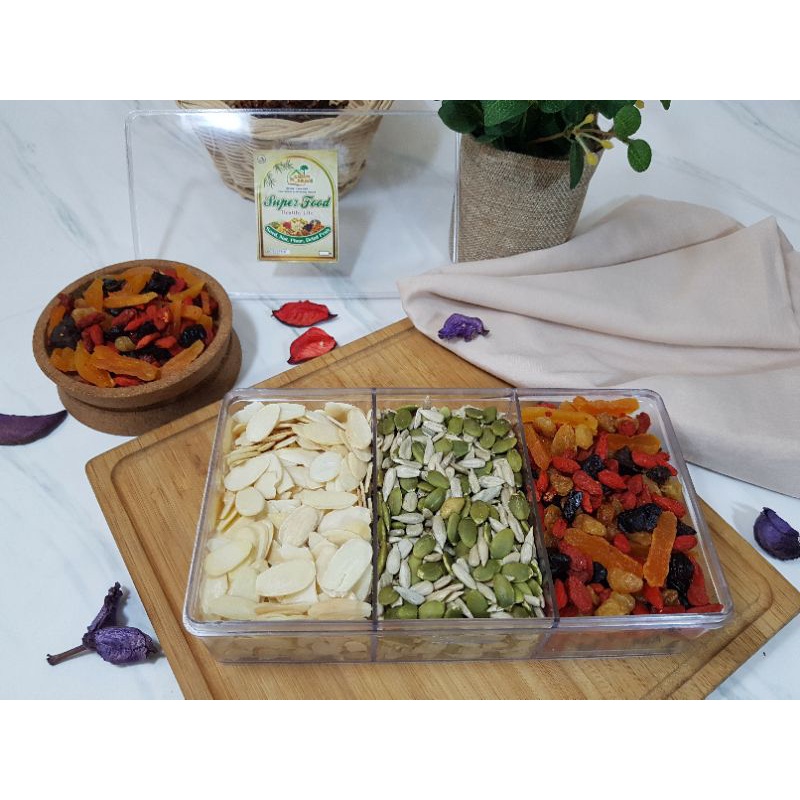 

Paket Sekat 3 (Almond Slice, Mix Seed, dried fruit) 385 gram