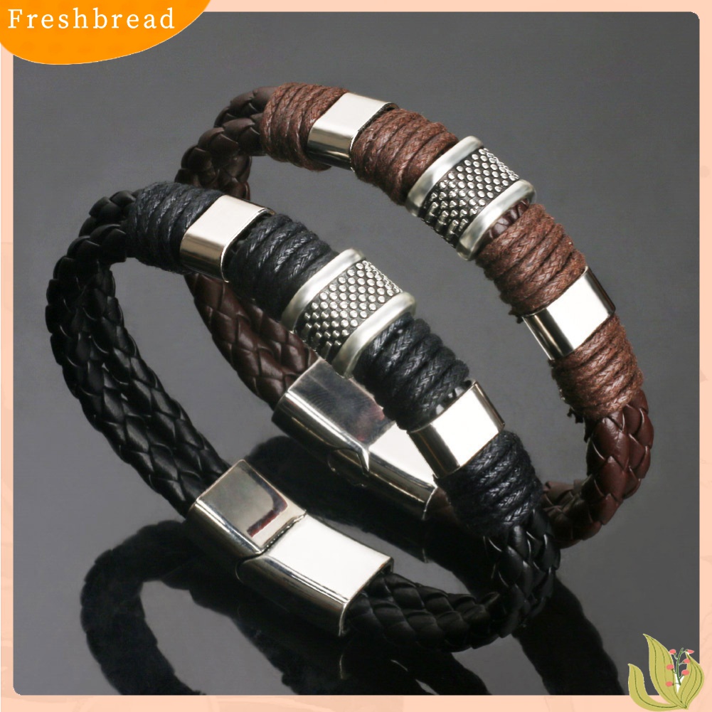 [TERLARIS]Fashion Mens Dual Layer Braided Faux Leather Magnetic Clasp Wrist Bracelet Gift