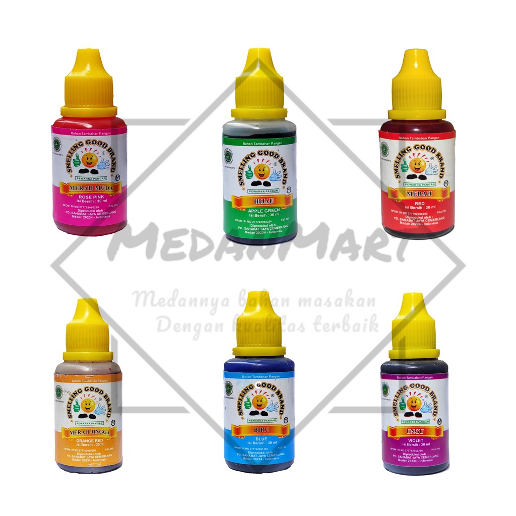 

Pewarna Makanan Cair Smelling Good Brand Merah Pink Hijau Biru Jingga Unggu 30 ML / Gincu Cair