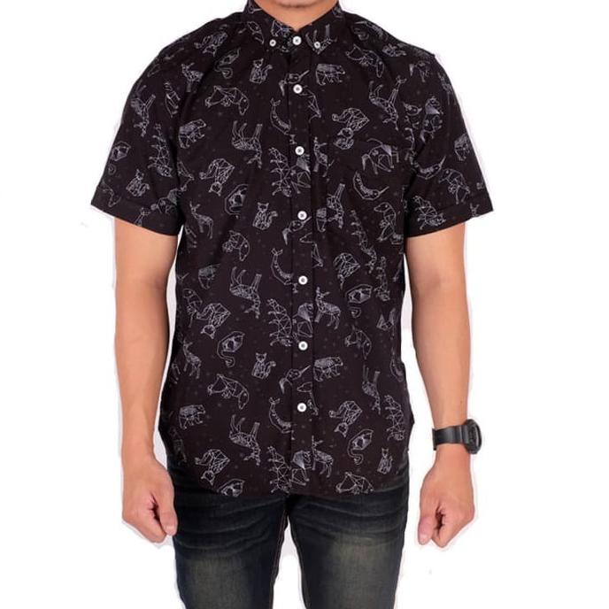 baju cowok lengan pendke hitam kombinasi tribal batik slimfit