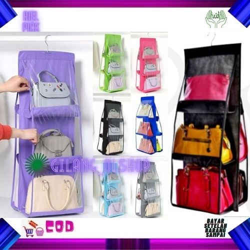 RAK TAS GANTUNG 3 SUSUN 6 SLOT POLOS PLASTIK BAG ORGANIZER HANGING