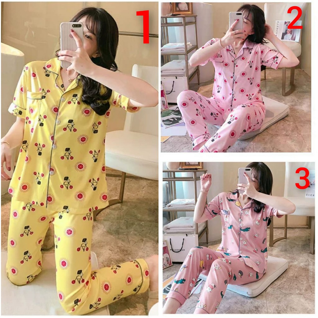 BAJU TIDUR PIYAMA CEWEK CP KAOS KATUN IMPORT BERKUALITAS MOTIF LENGAN PENDEK SETELAN CELANA SELUTUT 7/8 WARNA KUNING CERAH TERBARU SIZE M-XXL FIT TO 75KG