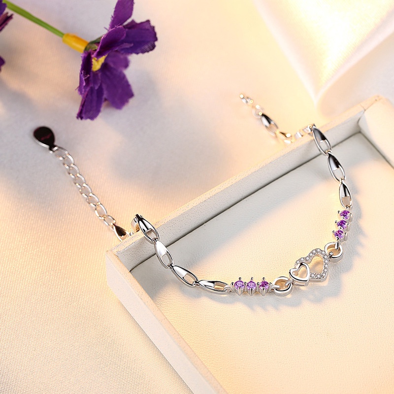 Perhiasan Gelang Berlian 925 Silver Plated Amethyst Bentuk Hati Gaya Korea Untuk Wanita