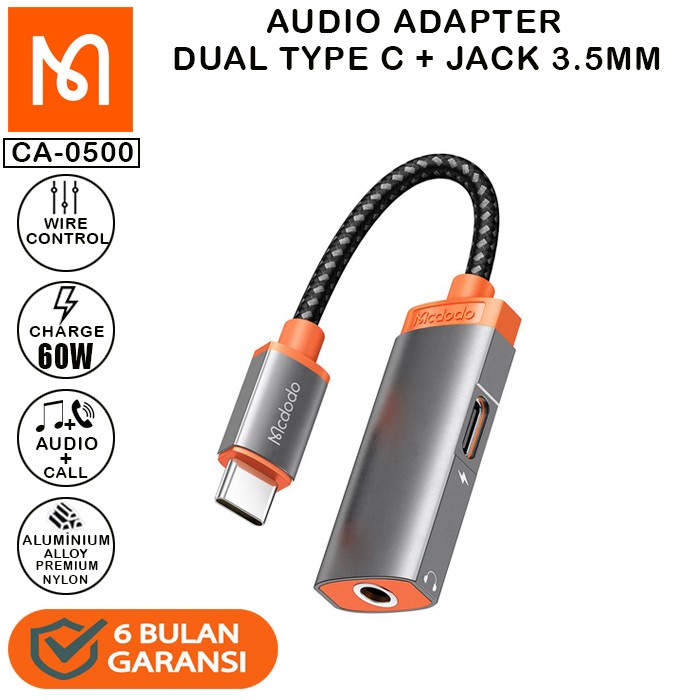 MCDODO CA-050 Converter Audio Type C To Jack 3.5MM + Type C Splitter USB C to Audio Charging Converter Type C