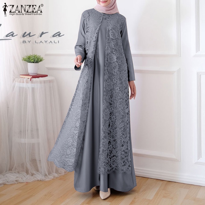 ZANZEA Women Muslim Retro Full Sleeve O-Neck Lace Patchwork Casual Maxi Dress