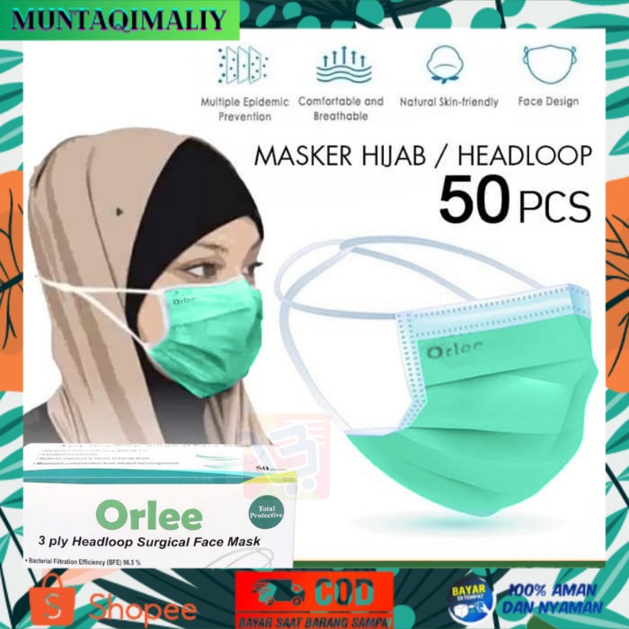[TERBARU] Masker Bedah Medis 3ply 3 ply Headloop Hijab ORLEE surgical kemenkes