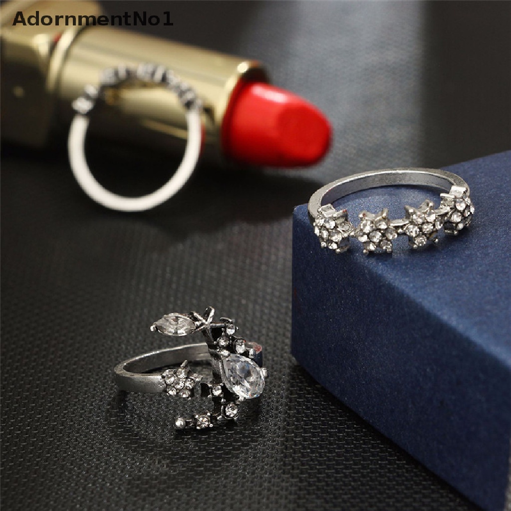 (AdornmentNo1) 5pcs / Set Cincin Vintage Gaya Boho Bentuk Bintang / Bunga / Kristal Silver Untuk Wanita