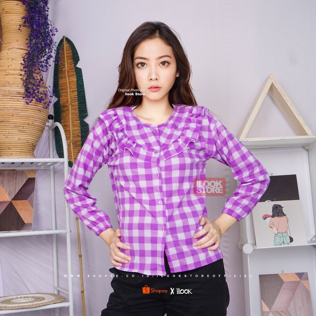 ilook | Monez Blouse | Blouse Motif Kotak | Bahan Creap - Fit to L-MONEZ - UNGU