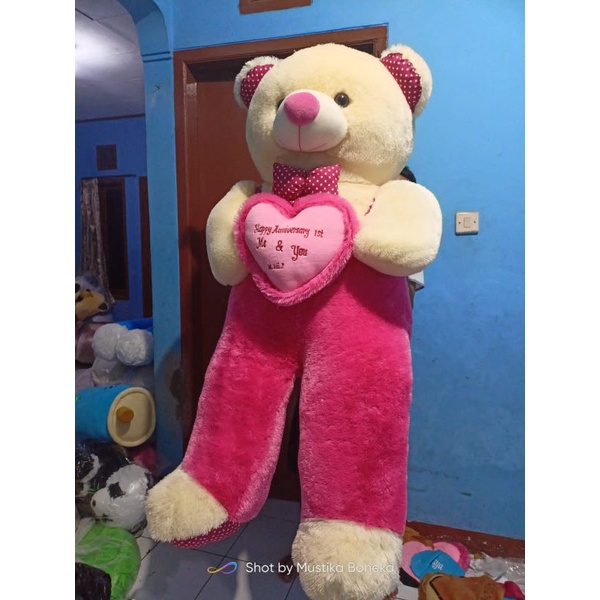 Boneka Beruang Teddy Bear Jojon Jumbo Super Jumbo 1,6 meter 160cm Costum Nama Pink+Crem Pita Polkado