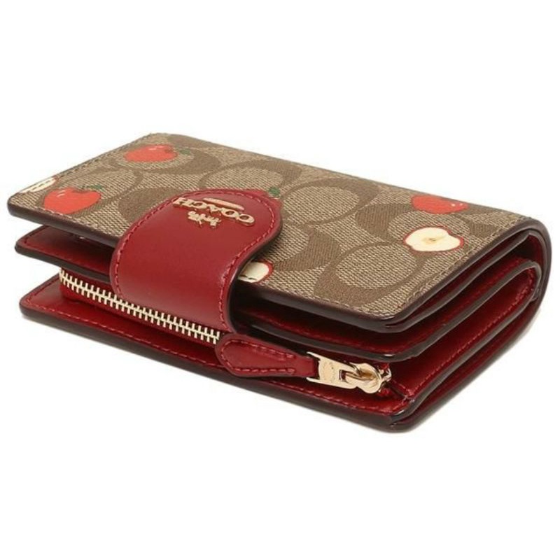 Coach Medium Corner Zip Wallet Khaki Signature Red Apple Multi (C4117)