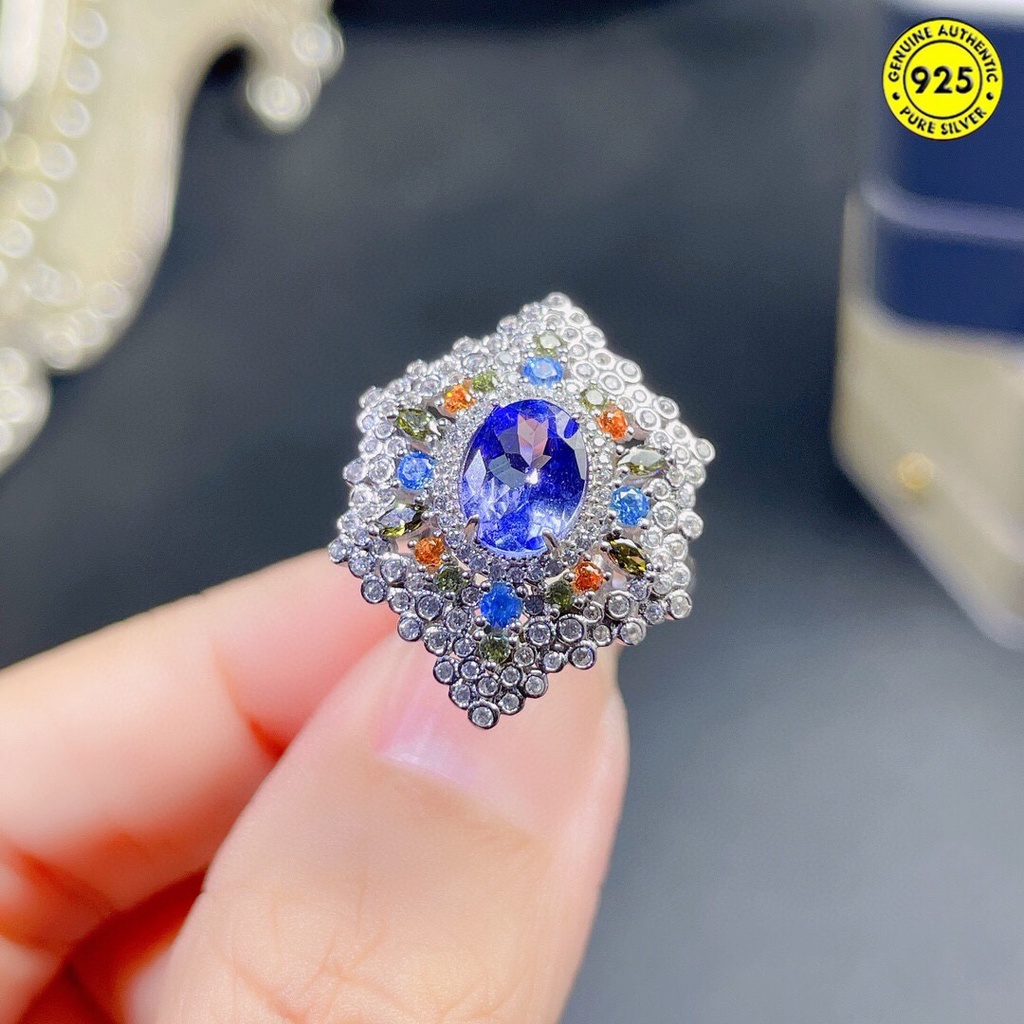 Cincin Model Terbuka Hias Batu Permata Tanzanite Ukuran Besar Gaya Mewah