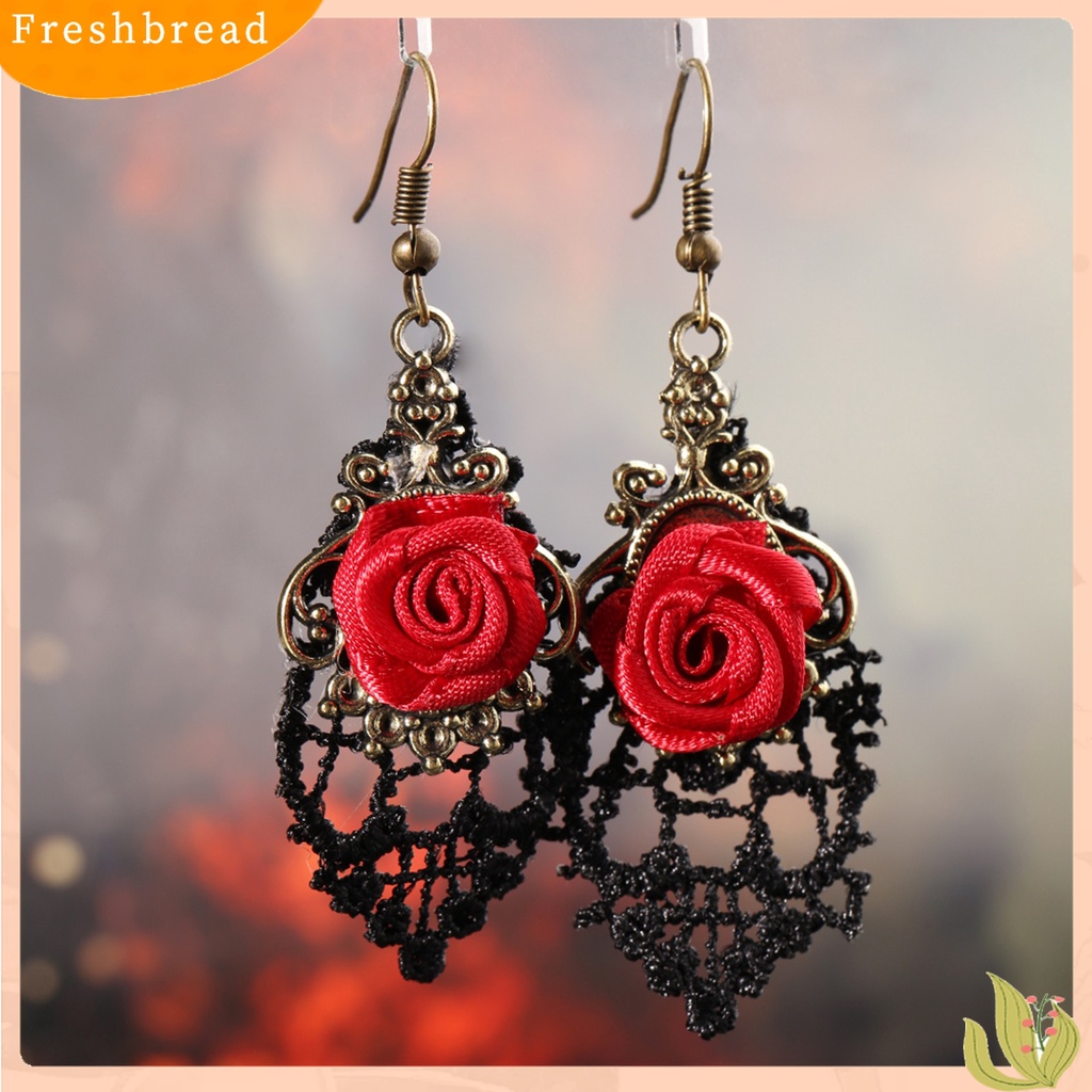 【Fresh】1 Pair Vintage Gothic Vampire Halloween Black Lace Red Flowers Dangle Earrings