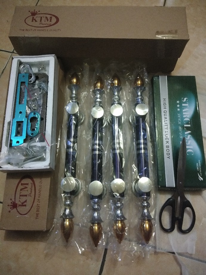 4 Pcs Handle Pintu Rumah Stainless Sawo Ungu Minimalis Panjang 40 Cm+body Kunci Star Classic