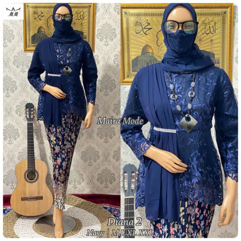 Setelan Blouse Amalia Selendang modern-Kebaya Modern-Aurora Selendang-Kebaya Kekinian-Kebaya Wisuda-Kebaya Lamaran-Kebaya Pesta-Kebaya Selendang Ceruty-Free Masker-Navy