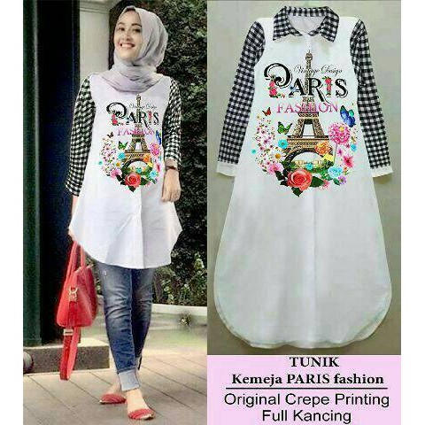SALE  Tunik paris putih  kotak hitam / tunik kemeja