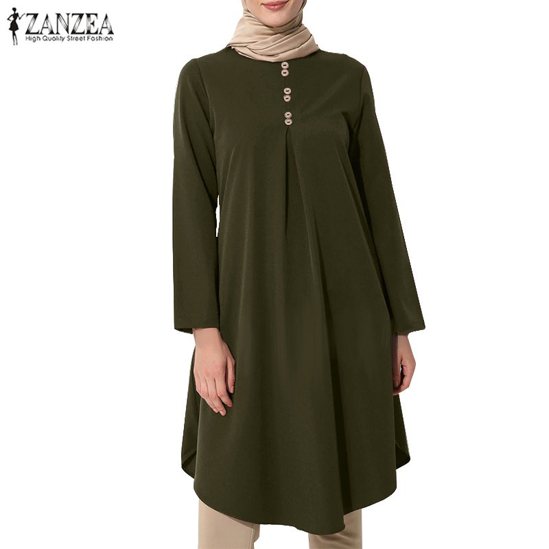 ZANZEA Women Long Sleeve Casual Solid Color Loose O Neck Muslim Blouse