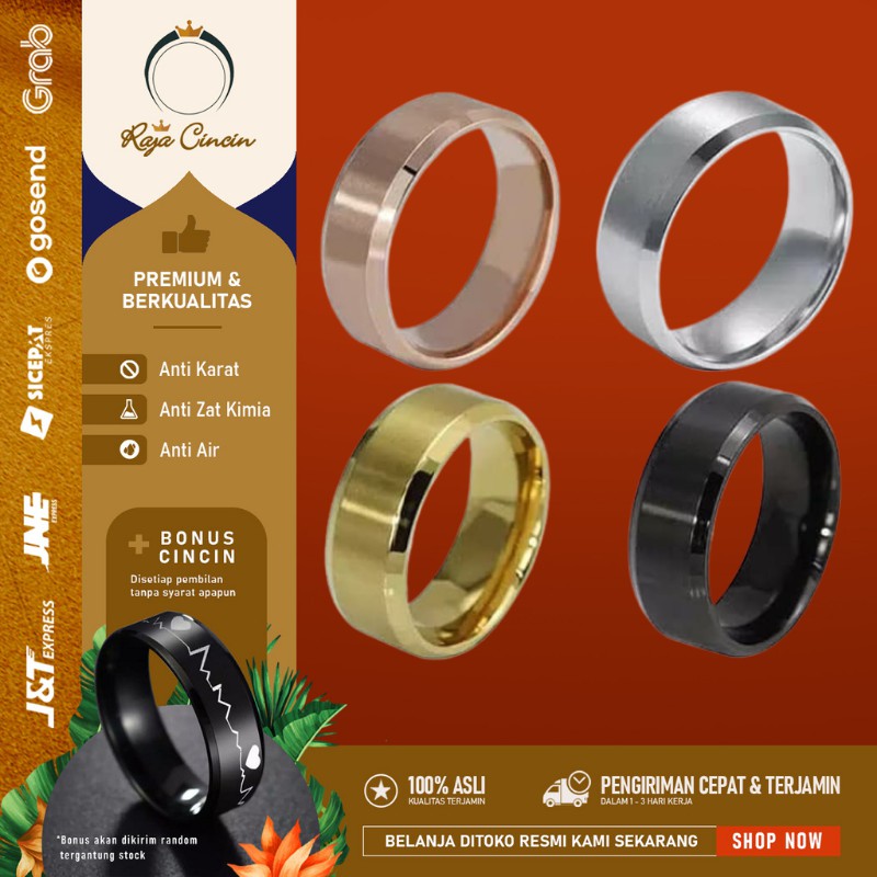 Cincin Titanium Wanita Pria Anti Karat Polos Hitam Perak Emas