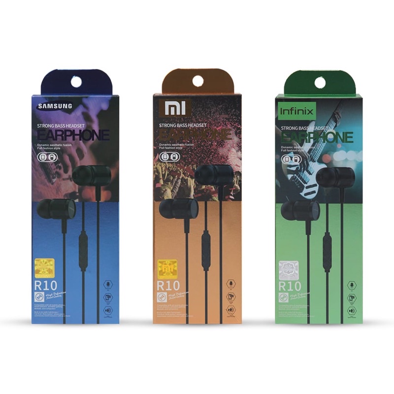 HANDSFREE EARPHONE BRAND R10 SUARA SUPER BASS PACKINGAN EXCLUSIVE HEADSET TERPOPULER SEN