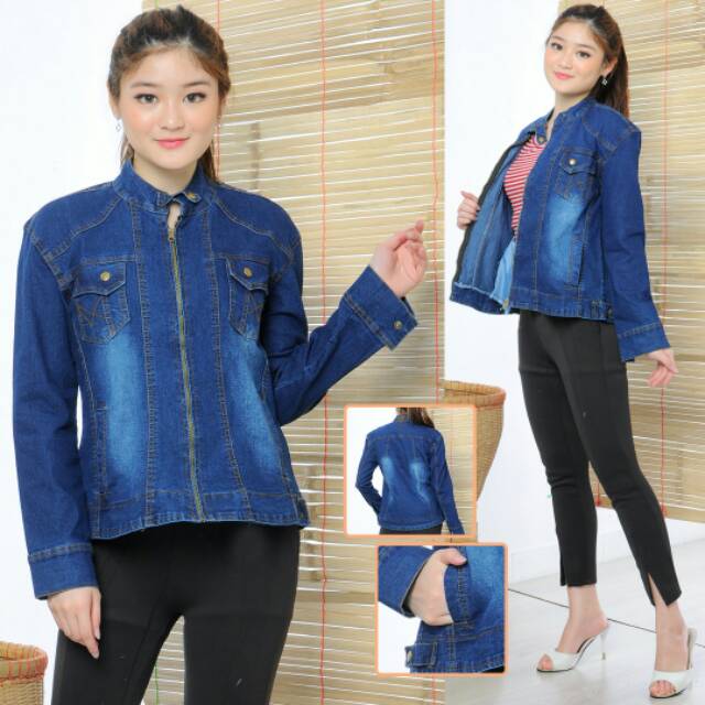 MC girl - Jaket Jeans Resleting Kerah Berdiri Wanita / Jaket Sleting Kerah Tegak Cewek / Jaket Denim Kerah Tinggi Warna Biru Tua / Jacket Lepis Kerah Shanghai Dark Blue Model Korea Terbaru