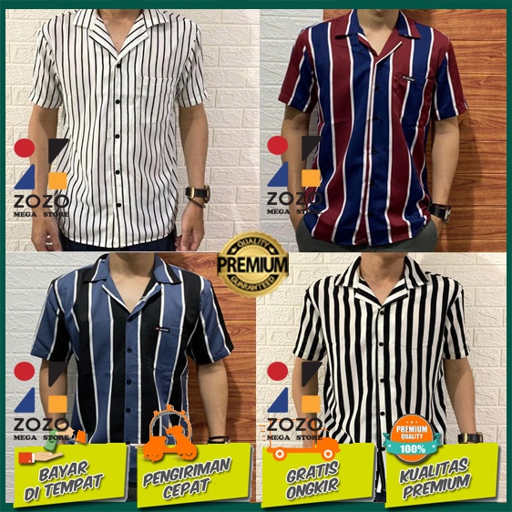 Kemeja Salur Garis-Garis Pria Lengan Pendek Cowok Baju Strip Belang Stripe XXL