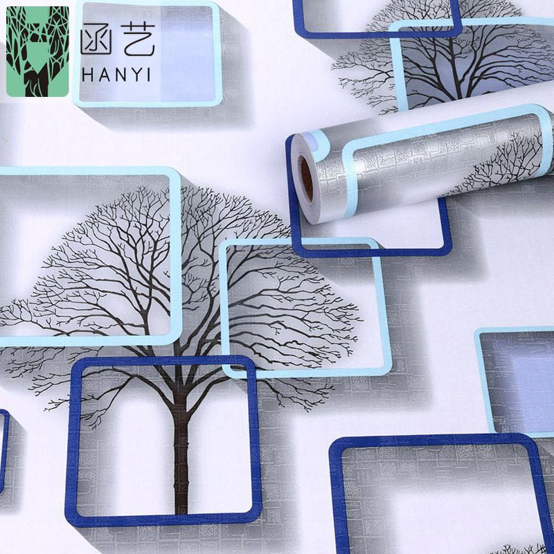 Wallpaper Stiker Dinding Motif Pohon Kotak Biru 3D Mewah Elegan Premium Modern