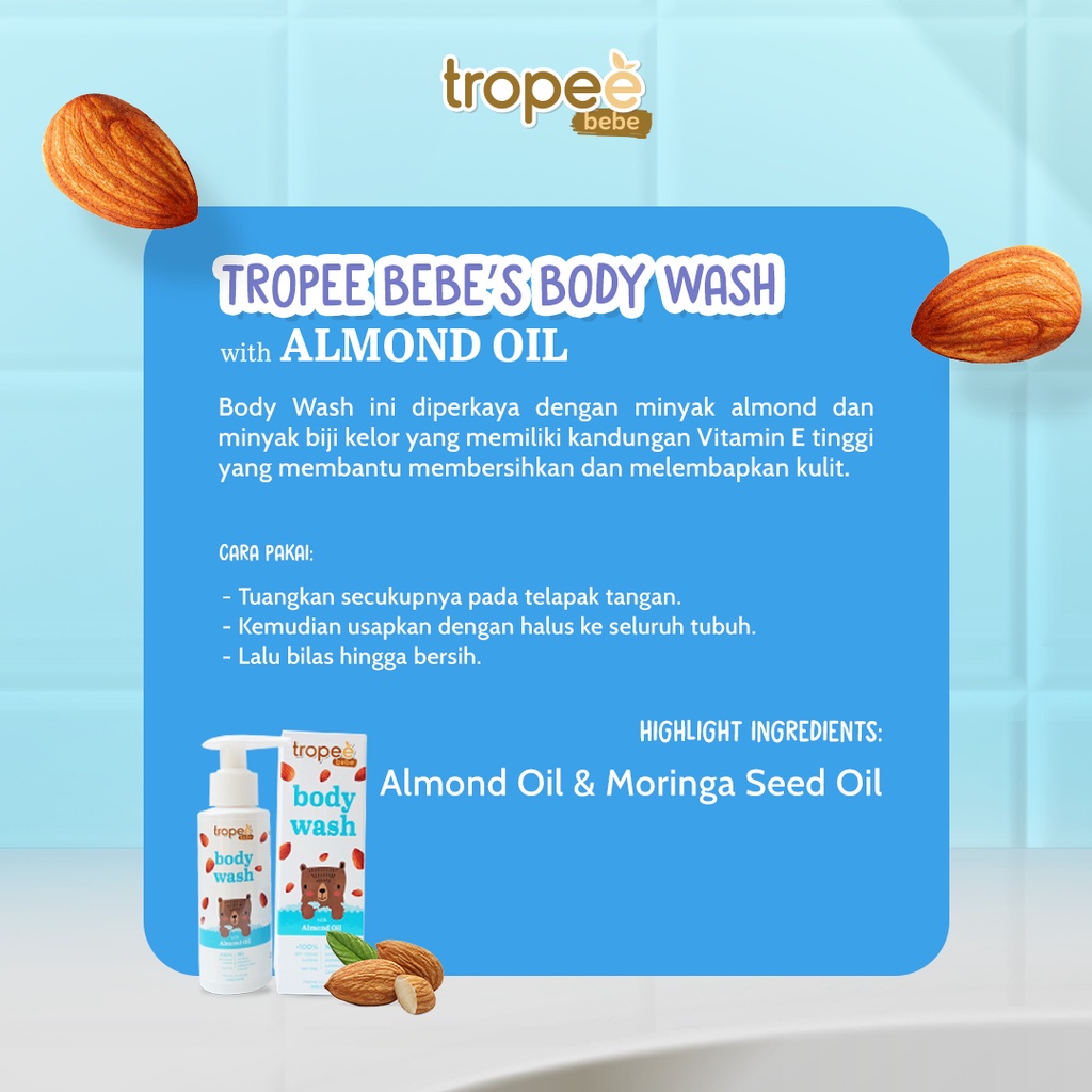 Tropee Bebe - Almond Body Wash (Sabun Mandi Anak) 100ml / Natural Free SLS / Melembapkan Kulit / Untuk Kulit Alergi / PH Balance