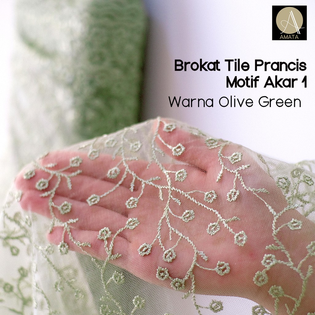 1/2 meter Kain Brokat Brukat Tile Prancis Bahan Kebaya Motif Akar Olive Green