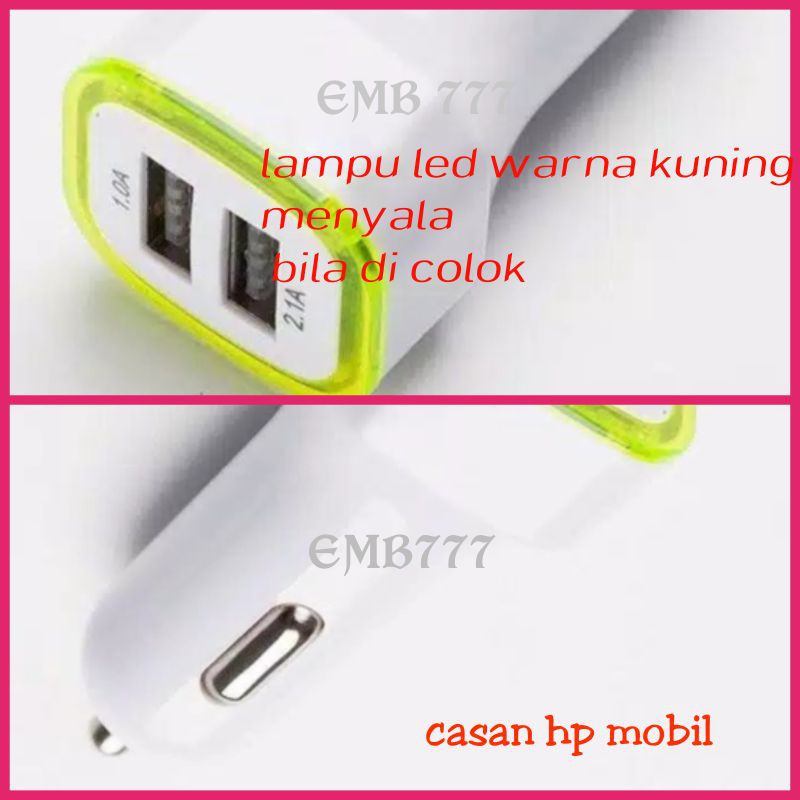 Cas Hp Mobil / Adapter Charger Mobil Dual Port USB Lampu LED iPhone / Samsung Dll