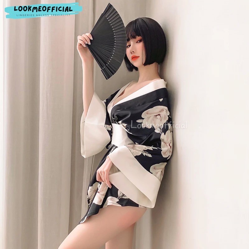 Keiko Set Cosplay Sexy Deep V Print Sakura Kimono Elegant Charming Bath Robe Satin Silk Lingerie Sek