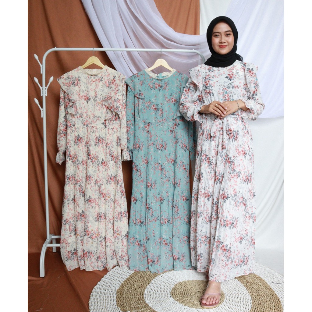 Gamis Motif Bunga / Gamis Kombinasi Plisket / Gamis Raya Series / Gamis Wanita All Size