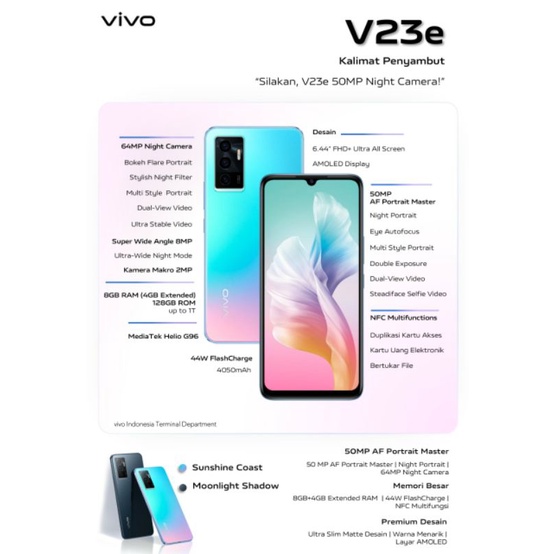 Vivo V23e 8/128 GB Garansi Resmi 1 Tahun (HP Segel Pabrik)Bonus Paket Data 8Gb