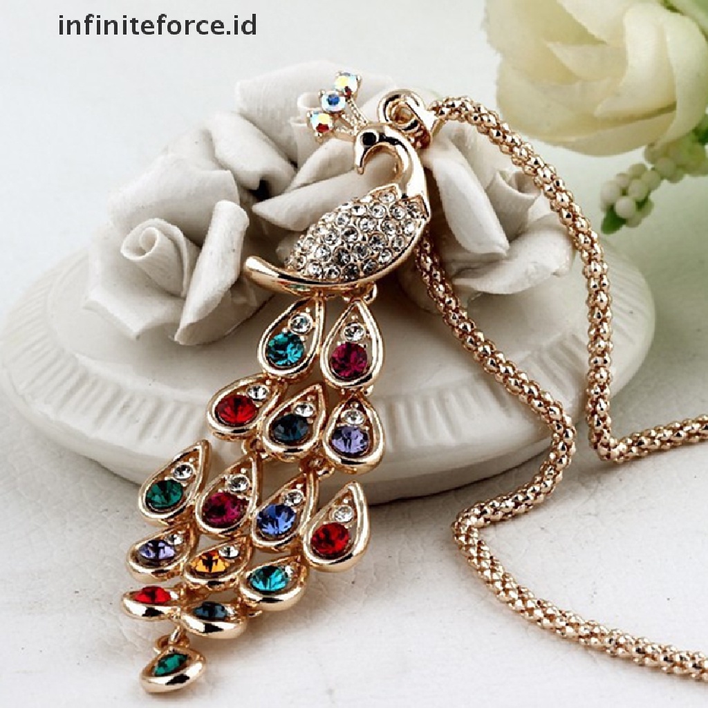 Infiniteforce.id Kalung Rantai Panjang Wanita Liontin Burung Merak Hias Kristal Multi Warna