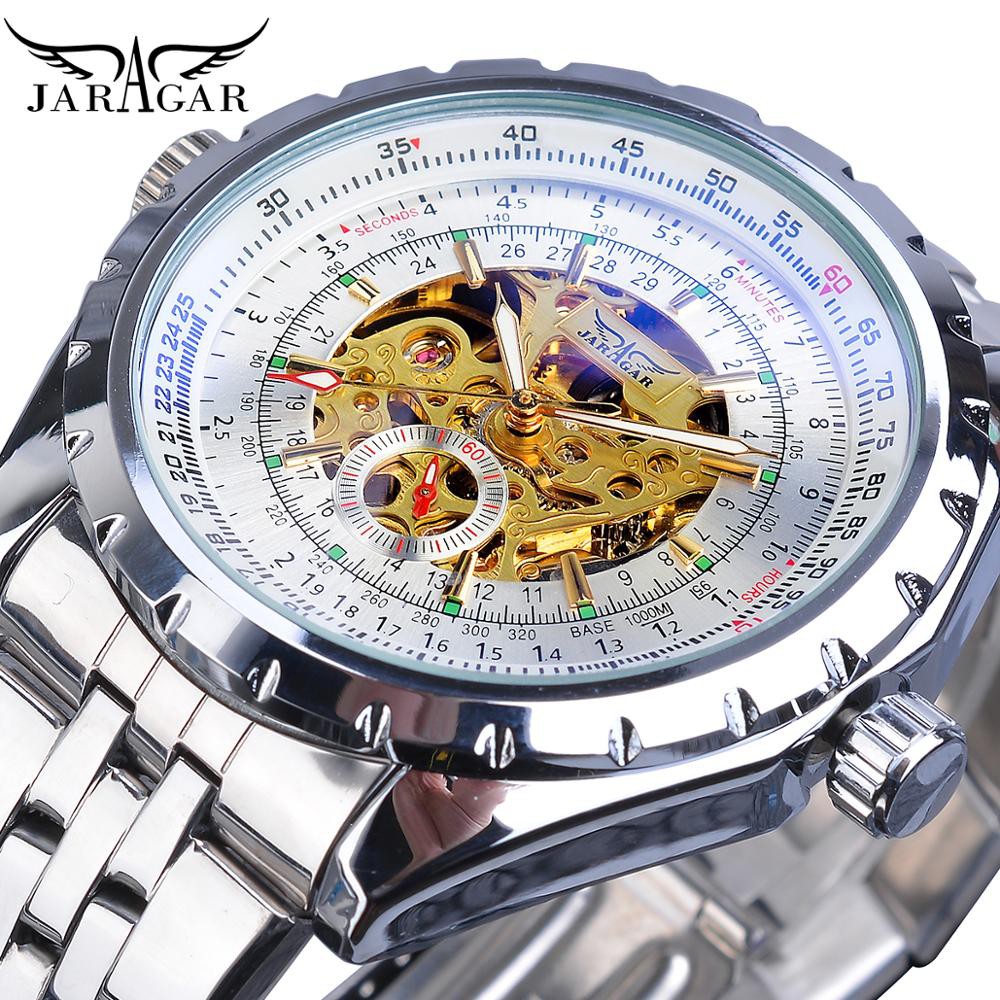 Jam tangan mekanik pria Jaragar Classic Automatic Mens Watch Relojes Hombre Silver Skeleton Steel