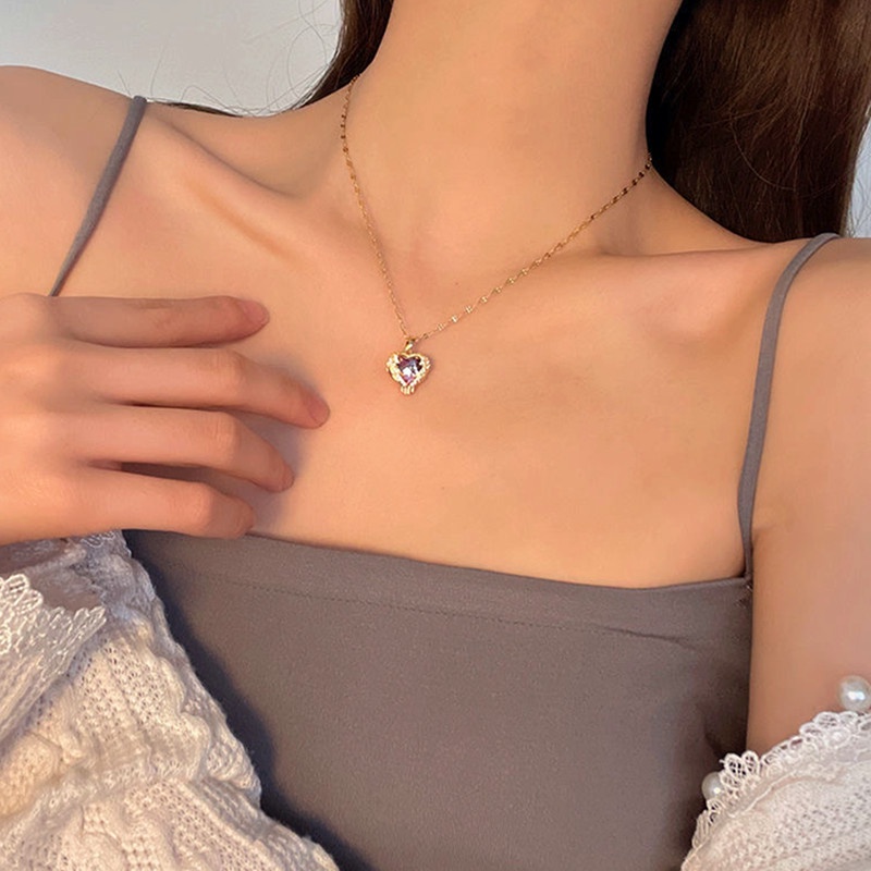 Kalung Titanium Lapis Emas 18k Kristal Hati Sayap Malaikat Wanita Perhiasan